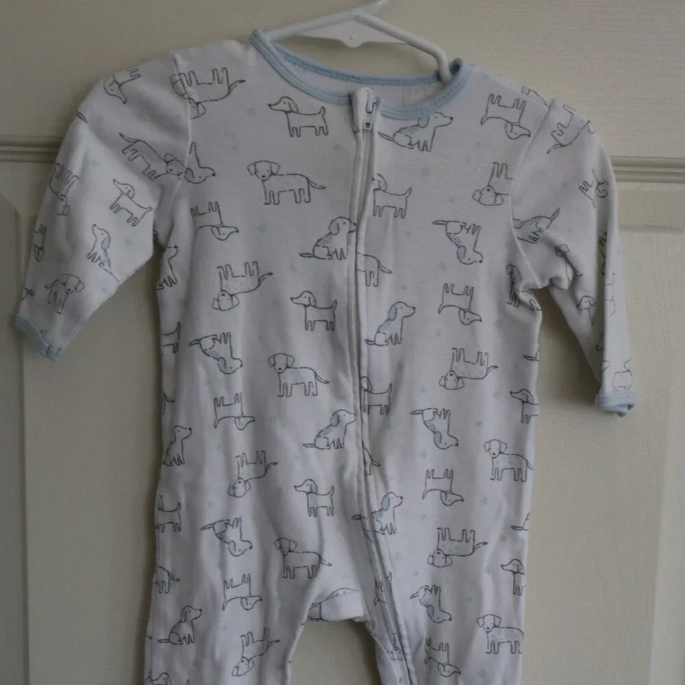Puppy themed Footed Sleeper White with blue accents and dog pattern Little Me 6m